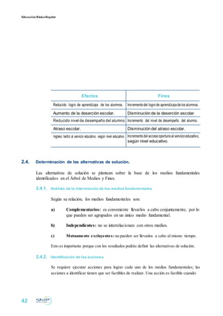Educación BásicaRegular
Efectos Fines
Reducido logro de aprendizaje de los alumnos. Incrementodel logrode aprendizajedelos alumnos.
Aumento de la deserción escolar. Disminución de la deserción escolar.
Reducido nivel de desempeño del alumno. Incremento del nivel de desempeño del alumno.
Atraso escolar. Disminución del atraso escolar.
Ingreso tardío al servicio educativo, según nivel educativo Incrementodel accesooportunoal servicioeducativo,
según nivel educativo.
2.4. Determinación de las alternativas de solución.
Las alternativas de solución se plantean sobre la base de los medios fundamentales
identificados en el Árbol de Medios y Fines.
2.4.1. Análisis de la interrelación de los medios fundamentales.
Según su relación, los medios fundamentales son:
a) Complementarios: es conveniente llevarlos a cabo conjuntamente, por lo
que pueden ser agrupados en un único medio fundamental.
b) Independientes: no se interrelacionan con otros medios.
c) Mutuamente excluyentes: no pueden ser llevados a cabo al mismo tiempo.
Esto es importante porque con los resultados podrás definir las alternativas de solución.
2.4.2. Identificación de las acciones.
Se requiere ejecutar acciones para lograr cada uno de los medios fundamentales; las
acciones a identificar tienen que ser factibles de realizar. Una acción es factible cuando:
42
 