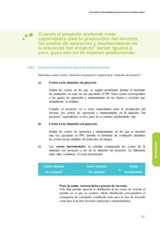 Guía para la formulación de proyectos de inversión exitosos
Cuando el proyecto pretende crear
capacidades para la producción del servicio,
los costos de operación y mantenimiento en
la situación 'sin proyecto' serían iguales a
cero, pues aún no se estarían produciendo.
3.6.2 Costos incrementales de operación y mantenimiento.
Determina cuánto varía la “situación con proyecto” respecto de la “situación sin proyecto”.
a) Costos en la situación sin proyecto.
Estima los costos en los que se seguirá incurriendo durante el horizonte
de evaluación, en caso no sea ejecutado el PIP. Estos costos corresponden
a los gastos de operación y mantenimiento de los bienes y servicios que
actualmente se brindan.
Cuando el proyecto va a crear capacidades para la producción del
servicio, los costos de operación y mantenimiento en la situación “sin
proyecto” equivaldrían a cero, pues no se estarían produciendo aún.
b) Costos en la situación con proyecto.
Estima los costos de operación y mantenimiento en los que se incurrirá
una vez ejecutado el PIP, durante el horizonte de evaluación (incluidos
los costos de las medidas de reducción de riesgo).
c) Los costos incrementales se calculan comparando los costos de la
situación con proyecto y los de la situación sin proyecto. La diferencia
entre ellos constituye el costo incremental.
Costos situación
-
Costos situación
=
Costos
“con proyecto” “sin proyecto” Incrementales
Flujo de costos incrementalesa precios de mercado.
Este flujo permite apreciar la distribución de los costos de acuerdo al
período en el que se realizan. Dicha distribución corresponderá al
cronograma de actividades establecido tanto para la fase de inversión
como para la de post inversión (operación y mantenimiento).
formulación
57
 