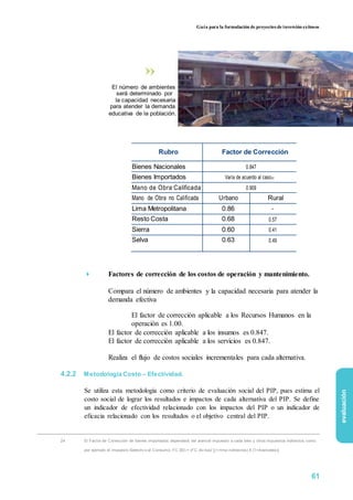 Guía para la formulación de proyectos de inversión exitosos
El número de ambientes
será determinado por
la capacidad necesaria
para atender la demanda
educativa de la población.
Rubro Factor de Corrección
Bienes Nacionales 0.847
Bienes Importados Varía de acuerdo al caso24
Mano de Obra Calificada 0.909
Mano de Obra no Calificada Urbano Rural
Lima Metropolitana 0.86 -
Resto Costa 0.68 0.57
Sierra 0.60 0.41
Selva 0.63 0.49
 Factores de corrección de los costos de operación y mantenimiento.

Compara el número de ambientes y la capacidad necesaria para atender la
demanda efectiva

El factor de corrección aplicable a los Recursos Humanos en la
operación es 1.00.
El factor de corrección aplicable a los insumos es 0.847.
El factor de corrección aplicable a los servicios es 0.847.
Realiza el flujo de costos sociales incrementales para cada alternativa.
4.2.2 Metodología Costo – Efectividad.
Se utiliza esta metodología como criterio de evaluación social del PIP, pues estima el
costo social de lograr los resultados e impactos de cada alternativa del PIP. Se define
un indicador de efectividad relacionado con los impactos del PIP o un indicador de
eficacia relacionado con los resultados o el objetivo central del PIP.
24 El Factor de Corrección de bienes importados dependerá del arancel impuesto a cada bien y otros impuestos indirectos como
por ejemplo el Impuesto Selectiv o al Consumo: FC (BI) = (FC div isa)/ [(1+Imp Indirectos) X (1+Aranceles)]
evaluación
61
 