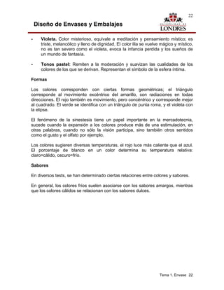 22

    Diseño de Envases y Embalajes

-     Violeta. Color misterioso, equivale a meditación y pensamiento místico; es
      triste, melancólico y lleno de dignidad. El color lila se vuelve mágico y místico,
      no es tan severo como el violeta, evoca la infancia perdida y los sueños de
      un mundo de fantasía.

-     Tonos pastel: Remiten a la moderación y suavizan las cualidades de los
      colores de los que se derivan. Representan el símbolo de la esfera íntima.

Formas

Los colores corresponden con ciertas formas geométricas; el triángulo
corresponde al movimiento excéntrico del amarillo, con radiaciones en todas
direcciones. El rojo también es movimiento, pero concéntrico y corresponde mejor
al cuadrado. El verde se identifica con un triángulo de punta roma, y el violeta con
la elipse.

El fenómeno de la sinestesia tiene un papel importante en la mercadotecnia,
sucede cuando la expansión a los colores produce más de una estimulación, en
otras palabras, cuando no sólo la visión participa, sino también otros sentidos
como el gusto y el olfato por ejemplo.

Los colores sugieren diversas temperaturas, el rojo luce más caliente que el azul.
El porcentaje de blanco en un color determina su temperatura relativa:
claro=cálido, oscuro=frío.

Sabores

En diversos tests, se han determinado ciertas relaciones entre colores y sabores.

En general, los colores fríos suelen asociarse con los sabores amargos, mientras
que los colores cálidos se relacionan con los sabores dulces.




                                                                      Tema 1. Envase 22
 