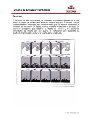 27

 Diseño de Envases y Embalajes

Resumen
El recorrido de este capítulo nos ha planteado un panorama general de lo que
implica el diseño de una etiqueta, envase o línea de etiquetas o envases con sus
correspondientes embalajes; las condicionantes que se deberán considerar al
momento de desarrollar un diseño nuevo o rediseño de etiquetas o envases; las
funciones principales que satisface el diseño de envase y los elementos
primordiales de diseño con que cuenta el profesional para desarrolla su
creatividad: forma, color, textura, tipografía, composición, etc.




                                                               Tema 1. Envase 27
 