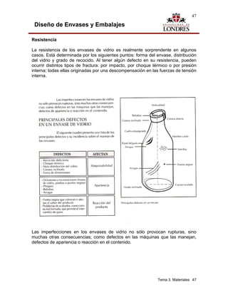 47

 Diseño de Envases y Embalajes

Resistencia

La resistencia de los envases de vidrio es realmente sorprendente en algunos
casos. Está determinada por los siguientes puntos: forma del envase, distribución
del vidrio y grado de recocido. Al tener algún defecto en su resistencia, pueden
ocurrir distintos tipos de fractura: por impacto, por choque térmico o por presión
interna; todas ellas originadas por una descompensación en las fuerzas de tensión
interna.




Las imperfecciones en los envases de vidrio no sólo provocan rupturas, sino
muchas otras consecuencias; como defectos en las máquinas que las manejan,
defectos de apariencia o reacción en el contenido.




                                                              Tema 3. Materiales 47
 