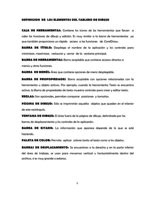 9
DEFINICION DE LOS ELEMENTOS DEL TABLERO DE DIBUJO
CAJA DE HERRAMIENTAS: Contiene los iconos de las herramientas que llevan a
cabo las funciones de dibujo y edición. Es muy similar a la barra de herramientas ya
que también proporciona un rápido acceso a las funciones de CorelDraw.
BARRA DE TÍTULO: Despliega el nombre de la aplicación y los controles para
minimizar, maximizar, restaurar y cerrar de la ventana principal.
BARRA DE HERRAMIENTAS: Barra acoplable que contiene accesos directos a
menús y otras funciones.
BARRA DE MENÚS: Área que contiene opciones de menú desplegable.
BARRA DE PROPOPIEDADES: Barra acoplable con opciones relacionadas con la
herramienta u objeto activos. Por ejemplo, cuando la herramienta Texto se encuentra
activa, la Barra de propiedades de texto muestra controles para crear y editar texto.
REGLAS: Son opcionales, permiten comparar posiciones y tamaños.
PÁGINA DE DIBUJO: Sólo se imprimirán aquellos objetos que queden en el interior
de este rectángulo.
VENTANA DE DIBUJO: El área fuera de la página de dibujo, delimitada por las
barras de desplazamiento y los controles de la aplicación.
BARRA DE ESTADO: La información que aparece depende de lo que se esté
haciendo.
PALETA DE COLOR: Permite aplicar colores tanto al texto como a los objetos.
BARRAS DE DESPLAZAMIENTO: Se encuentran a la derecha y en la parte inferior
del área de trabajo, se usan para movernos vertical u horizontalmente dentro del
archivo, si es muy grande o extenso.
 