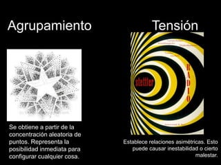 Agrupamiento
Se obtiene a partir de la
concentración aleatoria de
puntos. Representa la
posibilidad inmediata para
configurar cualquier cosa.
Tensión
Establece relaciones asimétricas. Esto
puede causar inestabilidad o cierto
malestar.
 