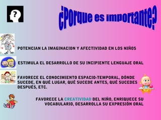 POTENCIAN LA IMAGINACION Y AFECTIVIDAD EN LOS NIÑOS
ESTIMULA EL DESARROLLO DE SU INCIPIENTE LENGUAJE ORAL
FAVORECE EL CONOCIMIENTO ESPACIO-TEMPORAL, DÓNDE
SUCEDE, EN QUÉ LUGAR, QUÉ SUCEDE ANTES, QUÉ SUCEDES
DESPUÉS, ETC.
FAVORECE LA CREATIVIDAD DEL NIÑO, ENRIQUECE SU
VOCABULARIO, DESARROLLA SU EXPRESIÓN ORAL
 