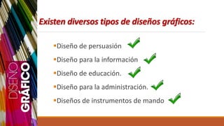 Existen diversos tipos de diseños gráficos:
Diseño de persuasión
Diseño para la información
Diseño de educación.
Diseño para la administración.
Diseños de instrumentos de mando
 
