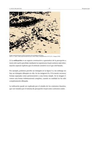 CC-BY-SA • PID_00191345 21 Percepción visual
Imagen experimental para mostrar el fenómeno de la emergencia perceptiva.
Autor: R. C. James. Usado experimentalmente por D. Marr (1982), Lindsay&Norman (1977) y R. L. Gregory (1970)
2) La reificación es un aspecto constructivo o generativo de la percepción a
través del cual lo percibido mediante la experiencia visual contiene más infor-
mación espacial explícita que el estímulo sensitivo en el que está basado.
Por ejemplo, podemos percibir un triángulo en la figura A y sin embargo no
hay un triángulo dibujado en ella. En las imágenes B y D la mente reconoce
formas separadas como pertenecientes a una forma simple. En la imagen C
vemos una forma tridimensional completa, cuando en realidad no ha sido
completamente dibujada.
La reificación puede ser explicada por el estudio de los contornos ilusorios,
que son tratados por el sistema de percepción visual como contornos reales.
 