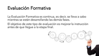 Evaluación Formativa
La Evaluación Formativa es continua, es decir, se lleva a cabo
mientras se están desarrollando las demás fases.
El objetivo de este tipo de evaluación es mejorar la instrucción
antes de que llegue a la etapa final.
 