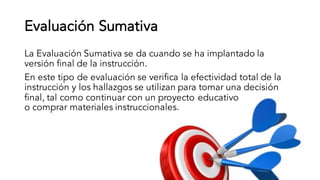 Evaluación Sumativa
La Evaluación Sumativa se da cuando se ha implantado la
versión final de la instrucción.
En este tipo de evaluación se verifica la efectividad total de la
instrucción y los hallazgos se utilizan para tomar una decisión
final, tal como continuar con un proyecto educativo
o comprar materiales instruccionales.
 