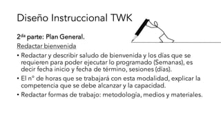 Diseño Instruccional TWK
2da parte: Plan General.
Redactar bienvenida
• Redactar y describir saludo de bienvenida y los días que se
requieren para poder ejecutar lo programado (Semanas), es
decir fecha inicio y fecha de término, sesiones (días).
• El n° de horas que se trabajará con esta modalidad, explicar la
competencia que se debe alcanzar y la capacidad.
• Redactar formas de trabajo: metodología, medios y materiales.
 