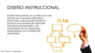 DISEÑO INSTRUCCIONAL
Diseño Instruccional, en su definición más
sencilla, es un proceso sistemático,
planificado y estructurado donde se
produce una variedad de materiales
educativos atemperados a las
necesidades de los educandos,
asegurándose así la calidad del
aprendizaje.
Prof. Gloria J. Yukavetsky
 