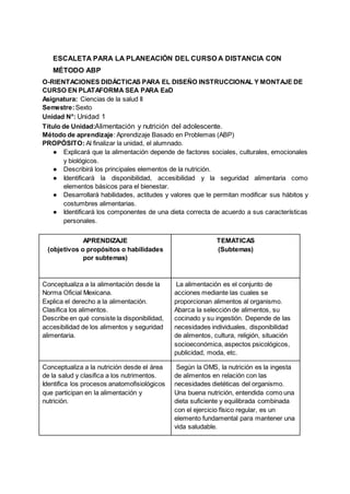 ESCALETA PARA LA PLANEACIÓN DEL CURSO A DISTANCIA CON
MÉTODO ABP
O-RIENTACIONES DIDÁCTICAS PARA EL DISEÑO INSTRUCCIONAL Y MONTAJE DE
CURSO EN PLATAFORMA SEA PARA EaD
Asignatura: Ciencias de la salud II
Semestre:Sexto
Unidad N°: Unidad 1
Título de Unidad:Alimentación y nutrición del adolescente.
Método de aprendizaje: Aprendizaje Basado en Problemas (ABP)
PROPÓSITO: Al finalizar la unidad, el alumnado.
● Explicará que la alimentación depende de factores sociales, culturales, emocionales
y biológicos.
● Describirá los principales elementos de la nutrición.
● Identificará la disponibilidad, accesibilidad y la seguridad alimentaria como
elementos básicos para el bienestar.
● Desarrollará habilidades, actitudes y valores que le permitan modificar sus hábitos y
costumbres alimentarias.
● Identificará los componentes de una dieta correcta de acuerdo a sus características
personales.
APRENDIZAJE
(objetivos o propósitos o habilidades
por subtemas)
TEMÁTICAS
(Subtemas)
Conceptualiza a la alimentación desde la
Norma Oficial Mexicana.
Explica el derecho a la alimentación.
Clasifica los alimentos.
Describe en qué consiste la disponibilidad,
accesibilidad de los alimentos y seguridad
alimentaria.
La alimentación es el conjunto de
acciones mediante las cuales se
proporcionan alimentos al organismo.
Abarca la selección de alimentos, su
cocinado y su ingestión. Depende de las
necesidades individuales, disponibilidad
de alimentos, cultura, religión, situación
socioeconómica, aspectos psicológicos,
publicidad, moda, etc.
Conceptualiza a la nutrición desde el área
de la salud y clasifica a los nutrimentos.
Identifica los procesos anatomofisiológicos
que participan en la alimentación y
nutrición.
Según la OMS, la nutrición es la ingesta
de alimentos en relación con las
necesidades dietéticas del organismo.
Una buena nutrición, entendida como una
dieta suficiente y equilibrada combinada
con el ejercicio físico regular, es un
elemento fundamental para mantener una
vida saludable.
 