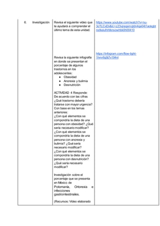 6. Investigación Revisa el siguiente video que
te ayudará a comprender el
último tema de esta unidad.
Revisa la siguiente infografía
en donde se presentan el
porcentaje de algunos
trastornos en los
adolescentes:
● Obesidad
● Anorexia y bulimia
● Desnutrición
ACTIVIDAD 4 Responde:
De acuerdo con las cifras
¿Qué trastorno debería
tratarse con mayor urgencia?
Con base en los temas
anteriores:
¿Con qué elementos se
compondría la dieta de una
persona con obesidad? ¿Qué
sería necesario modificar?
¿Con qué elementos se
compondría la dieta de una
persona con anorexia y
bulimia? ¿Qué sería
necesario modificar?
¿Con qué elementos se
compondría la dieta de una
persona con desnutrición?
¿Qué sería necesario
modificar?
Investigación sobre el
porcentaje que se presenta
en México de
Potomanía, Ortorexia e
infecciones
gastrointestinales.
(Recursos: Video elaborado
https://www.youtube.com/watch?v=nu-
3oTLCxEk&lc=z23vjreqemqtdn4qe04t1aokgbt
nstkeiufnhtknsowhbk0h00410
https://infogram.com/flow-light-
1hmr6g9j7v194nl
 