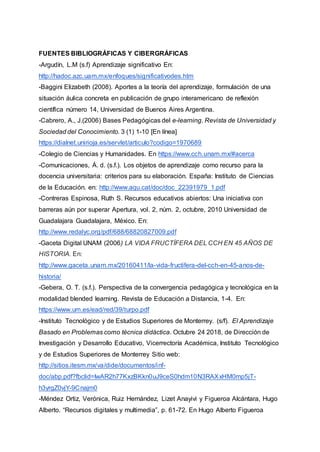 FUENTES BIBLIOGRÁFICAS Y CIBERGRÁFICAS
-Argudín, L.M (s.f) Aprendizaje significativo En:
http://hadoc.azc.uam.mx/enfoques/significativodes.htm
-Baggini Elizabeth (2008). Aportes a la teoría del aprendizaje, formulación de una
situación áulica concreta en publicación de grupo interamericano de reflexión
científica número 14, Universidad de Buenos Aires Argentina.
-Cabrero, A., J.(2006) Bases Pedagógicas del e-learning. Revista de Universidad y
Sociedad del Conocimiento. 3 (1) 1-10 [En línea]
https://dialnet.unirioja.es/servlet/articulo?codigo=1970689
-Colegio de Ciencias y Humanidades. En https://www.cch.unam.mx/#acerca
-Comunicaciones, Á. d. (s.f.). Los objetos de aprendizaje como recurso para la
docencia universitaria: criterios para su elaboración. España: Instituto de Ciencias
de la Educación. en: http://www.aqu.cat/doc/doc_22391979_1.pdf
-Contreras Espinosa, Ruth S. Recursos educativos abiertos: Una iniciativa con
barreras aún por superar Apertura, vol. 2, núm. 2, octubre, 2010 Universidad de
Guadalajara Guadalajara, México. En:
http://www.redalyc.org/pdf/688/68820827009.pdf
-Gaceta Digital UNAM (2006) LA VIDA FRUCTÍFERA DEL CCH EN 45 AÑOS DE
HISTORIA. En:
http://www.gaceta.unam.mx/20160411/la-vida-fructifera-del-cch-en-45-anos-de-
historia/
-Gebera, O. T. (s.f.). Perspectiva de la convergencia pedagógica y tecnológica en la
modalidad blended learning. Revista de Educación a Distancia, 1-4. En:
https://www.um.es/ead/red/39/turpo.pdf
-Instituto Tecnológico y de Estudios Superiores de Monterrey. (s/f). El Aprendizaje
Basado en Problemas como técnica didáctica. Octubre 24 2018, de Dirección de
Investigación y Desarrollo Educativo, Vicerrectoría Académica, Instituto Tecnológico
y de Estudios Superiores de Monterrey Sitio web:
http://sitios.itesm.mx/va/dide/documentos/inf-
doc/abp.pdf?fbclid=IwAR2h77KxzBKkn0uJ9ceS0hdm10N3RAXxHM0mp5jT-
h3yrgZ0vjY-9Cnajm0
-Méndez Ortiz, Verónica, Ruiz Hernández, Lizet Anayivi y Figueroa Alcántara, Hugo
Alberto. “Recursos digitales y multimedia”, p. 61-72. En Hugo Alberto Figueroa
 