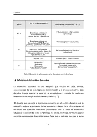 Capitulo 1
5
AÑOS
TIPOS DE PROGRAMAS
FUNDAMENTOS PEDAGÓGICOS
60/70 Enseñanza Asistida por
Computadora (EAC)
Tutorial, práctica y ejercitación.
Individualización del proceso de
aprendizaje.
Enseñanza Asistida por
Computadora (EAC) Tutorial,
práctica y ejercitación, simulación.
Primeras aplicaciones grupales.
Juegos por computadora.
Herramientas generales (bases de
datos, procesadores de textos,
hojas de cálculo, etc.)
La computadora como elemento
motivacional.
80
Lenguaje LOGO Aprendizaje por descubrimiento.
90
Hipertextos
Multimedia
Hipermedia
Redes de comunicación
Búsqueda de la integración curricular.
Aprendizaje cooperativo.
Concepto de “aldea global”.
Tabla 1.1 Evolución de la Introducción de las Computadoras en la Enseñanza
1.2 Definición de Informática Educativa
La Informática Educativa es una disciplina que estudia los usos, efectos,
consecuencias de las tecnologías de la información y el proceso educativo. Esta
disciplina intenta acercar al aprendiz al conocimiento y manejo de modernas
herramientas tecnológicas como la computadora [ 7 ].
El desafío que presenta la informática educativa en el sector educativo será la
aplicación racional y pertinente de las nuevas tecnologías de la información en el
desarrollo del quehacer educativo propiamente. Por lo tanto la Informática
Educativa es concebida como la “sinergia (el efecto producido por la interacción
entre los componentes de un sistema que hace que el todo sea más que la suma
 