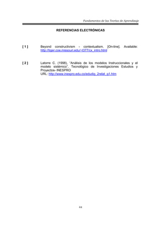 Fundamentos de las Teorías de Aprendizaje
44
REFERENCIAS ELECTRÓNICAS
[ 1 ] Beyond constructivism - contextualism. [On-line]. Available:
http://tiger.coe.missouri.edu/~t377/cx_intro.html
[ 2 ] Latorre C. (1998), “Análisis de los modelos Instruccionales y el
modelo sistémico”, Tecnológico de Investigaciones Estudios y
Proyectos- INESPRO
URL: http://www.inespro.edu.co/edudig_2relat_g1.htm
 