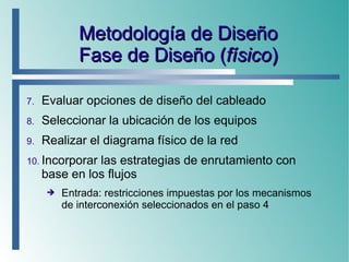Metodología de DiseñoMetodología de Diseño
Fase de Diseño (Fase de Diseño (físicofísico))
7. Evaluar opciones de diseño del cableado
8. Seleccionar la ubicación de los equipos
9. Realizar el diagrama físico de la red
10. Incorporar las estrategias de enrutamiento con
base en los flujos
➔ Entrada: restricciones impuestas por los mecanismos
de interconexión seleccionados en el paso 4
 
