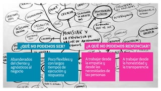 Diseño de Experiencias
Dirección de Comunicación y Experiencia de cliente
Abanderados
delclientey
agnósticosal
negocio
Pocoflexiblesy
conlargos
tiemposde
ejecucióny
respuesta
¿QUÉ NO PODEMOS SER?
Abanderados
delclientey
agnósticosal
negocio
Pocoflexiblesy
conlargos
tiemposde
ejecucióny
respuesta
¿QUÉ NO PODEMOS SER?
Abanderados
delclientey
agnósticosal
negocio
Pocoflexiblesy
conlargos
tiemposde
ejecucióny
respuesta
¿QUÉ NO PODEMOS SER?
Atrabajardesde
laempatíay
desdelas
necesidadesde
laspersonas
Atrabajardesde
lahonestidady
latransparencia
¿A QUÉ NO PODEMOS RENUNCIAR?
 