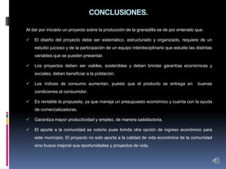 CONCLUSIONES.

Al dar por iniciado un proyecto sobre la producción de la granadilla se de por enterado que:

   El diseño del proyecto debe ser sistemático, estructurado y organizado, requiere de un
    estudio juicioso y de la participación de un equipo interdisciplinario que estudie las distintas
    variables que se pueden presentar.

   Los proyectos deben ser viables, sostenibles y deben brindar garantías económicas y
    sociales, deben beneficiar a la población.

   Los índices de consumo aumentan, puesto que el producto se entrega en                   buenas
    condiciones al consumidor.

   Es rentable la propuesta, ya que maneja un presupuesto económico y cuenta con la ayuda
    de comercializadoras.

   Garantiza mayor productividad y empleo, de manera satisfactoria.

   El aporte a la comunidad es notorio pues brinda otra opción de ingreso económico para
    este municipio. El proyecto no solo aporta a la calidad de vida económica de la comunidad
    sino busca mejorar sus oportunidades y proyectos de vida.
 