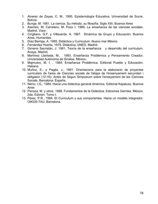 1. Alvarez de Zayas, C. M., 1995. Epistemología Educativa. Universidad de Sucre.
Bolivia.
2. Bunge, M. 1981. La ciencia. Su método, su filosofía. Siglo XXI. Buenos Aires
3. Asensio, M; Carretero, M; Pozo I. 1989. La enseñanza de las ciencias sociales,
Madrid, Visor.
4. Cirigliano, G.F. y Villaverde, A. 1967. Dinámica de Grupo y Educación. Buenos
Aires. Humanites.
5. Díaz Barriga, A. 1985. Didáctica y Curriculum. Nuevo mar México
6. Fernández Huerta, 1979. Didáctica, UNED. Madrid.
7. Gimeno Sacristán, J. 1981. Teoría de la enseñanza y desarrollo del curriculum.
Anaya. Madrid.
8. Martínez Llantada, M., 1993. Enseñanza Problémica y Pensamiento Creador.
Universidad Autónoma de Sinaloa. México.
9. Majmutov, M. I. , 1984. Enseñanza Problémica. Editorial Pueblo y Educación.
Habana.
10. Muñoz, E.; y Pagés, J., 1991. Orientacions para la elaboració de proyectes
curriculars de l'area de Ciencies socials de l'etapa de l'ensenyament secundari i
obligatori (12-16). Actes de Segun Simposium sobre l'enseyament de les Ciencies
Socials. Barcelona. España.
11. Nérici, I.G., 1984. Hacia una didáctica general dinámica. Editorial Kapelusz. Buenos
Aires
12. Pansza, M. y otros. 1988. Fundamentos de la Didáctica. Ediciones Gernika. México.
2da. Edición. Tomo I.
13. Pérez, P.R., 1994. El Curriculum y sus componentes. Hacia un modelo integrador.
OIKOS-TAU. Barcelona.
78
 