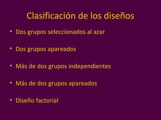 Clasificación de los diseños
• Dos grupos seleccionados al azar
• Dos grupos apareados
• Más de dos grupos independientes
• Más de dos grupos apareados
• Diseño factorial
 