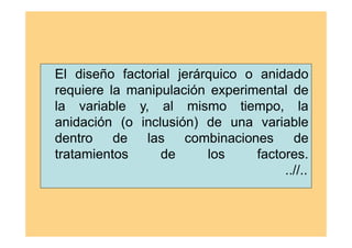 El diseño factorial jerárquico o anidado
requiere la manipulación experimental de
la variable y, al mismo tiempo, la
anidación (o inclusión) de una variable
dentro de las combinaciones de
tratamientos de los factores.
..//..
 
