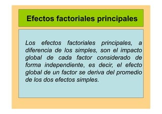 Efectos factoriales principales
Los efectos factoriales principales, a
diferencia de los simples, son el impacto
global de cada factor considerado de
forma independiente, es decir, el efecto
global de un factor se deriva del promedio
de los dos efectos simples.
 