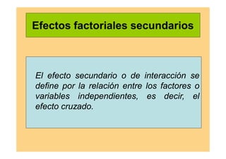 Efectos factoriales secundarios
El efecto secundario o de interacción se
define por la relación entre los factores o
variables independientes, es decir, el
efecto cruzado.
 