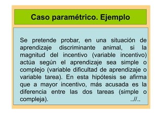 Caso paramétrico. Ejemplo
Se pretende probar, en una situación de
aprendizaje discriminante animal, si la
magnitud del incentivo (variable incentivo)
actúa según el aprendizaje sea simple o
complejo (variable dificultad de aprendizaje o
variable tarea). En esta hipótesis se afirma
que a mayor incentivo, más acusada es la
diferencia entre las dos tareas (simple o
compleja). ..//..
 