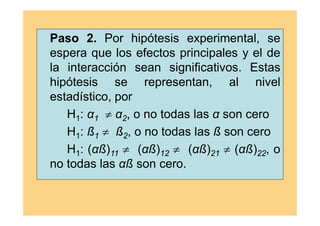 Paso 2. Por hipótesis experimental, se
espera que los efectos principales y el de
la interacción sean significativos. Estas
hipótesis se representan, al nivel
estadístico, por
H1: α1  α2, o no todas las α son cero
H1: ß1  ß2, o no todas las ß son cero
H1: (αß)11  (αß)12  (αß)21  (αß)22, o
no todas las αß son cero.
 