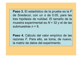 Paso 3. El estadístico de la prueba es la F
de Snedecor, con un α de 0.05, para las
tres hipótesis de nulidad. El tamaño de la
muestra experimental es N = 32 y el de las
submuestras n = 8.
Paso 4. Cálculo del valor empírico de las
razones F. Para ello, se toma, de nuevo,
la matriz de datos del experimento.
 