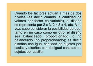 Cuando los factores actúan a más de dos
niveles (es decir, cuando la cantidad de
valores por factor es variable), el diseño
se representa por 2 x 3, 2 x 3 x 4, etc. A su
vez, cabe considerar la posibilidad de que,
tanto en un caso como en otro, el diseño
sea balanceado (proporcionado) o no
balanceado (no proporcionado); es decir,
diseños con igual cantidad de sujetos por
casilla y diseños con desigual cantidad de
sujetos por casilla.
 