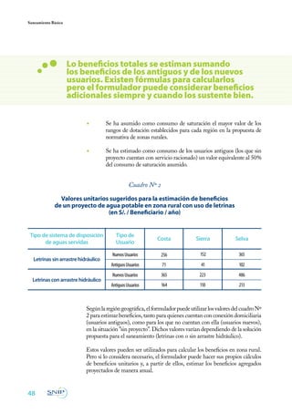 Saneamiento Básico




                     Lo beneficios totales se estiman sumando
                     los beneficios de los antiguos y de los nuevos
                     usuarios. Existen fórmulas para calcularlos
                     pero el formulador puede considerar beneficios
                     adicionales siempre y cuando los sustente bien.


                           ◾	        Se ha asumido como consumo de saturación el mayor valor de los
                                     rangos de dotación establecidos para cada región en la propuesta de
                                     normativa de zonas rurales.

                           ◾	        Se ha estimado como consumo de los usuarios antiguos (los que sin
                                     proyecto cuentan con servicio racionado) un valor equivalente al 50%
                                     del consumo de saturación asumido.


                                                 Cuadro Nº 2

               Valores unitarios sugeridos para la estimación de beneficios
             de un proyecto de agua potable en zona rural con uso de letrinas
                                (en S/. / Beneficiario / año)


 Tipo de sistema de disposición          Tipo de
                                                            Costa             Sierra            Selva
       de aguas servidas                 Usuario

                                       Nuevos Usuarios         256              152               365
  Letrinas sin arrastre hidráulico
                                       Antiguos Usuarios       71               41                102
                                       Nuevos Usuarios         365              223               486
  Letrinas con arrastre hidráulico
                                       Antiguos Usuarios       164              110               213



                     	     Según la región geográfica, el formulador puede utilizar los valores del cuadro Nº
                           2 para estimar beneficios, tanto para quienes cuentan con conexión domiciliaria
                           (usuarios antiguos), como para los que no cuentan con ella (usuarios nuevos),
                           en la situación ”sin proyecto”. Dichos valores varían dependiendo de la solución
                           propuesta para el saneamiento (letrinas con o sin arrastre hidráulico).

                     	     Estos valores pueden ser utilizados para calcular los beneficios en zona rural.
                           Pero si lo considera necesario, el formulador puede hacer sus propios cálculos
                           de beneficios unitarios y, a partir de ellos, estimar los beneficios agregados
                           proyectados de manera anual.


48
 