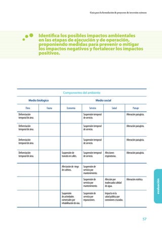 Guía para la formulación de proyectos de inversión exitosos




                    Identifica los posibles impactos ambientales
                    en las etapas de ejecución y de operación,
                    proponiendo medidas para prevenir o mitigar
                    los impactos negativos y fortalecer los impactos
                    positivos.




                                 Componentes del ambiente

           Medio biológico                                             Medio social

       Flora            Fauna         Economía                  Servicio                Salud                 Paisaje

Deforestación                                             Suspensión temporal                          Alteración paisajista.
temporal de área.                                         de servicio.

Deforestación                                             Suspensión temporal                          Alteración paisajista.
temporal de área.                                         de servicio.


Deforestación                                             Suspensión temporal                          Alteración paisajista.
temporal de área.                                         de servicio.


Deforestación                   Suspensión de             Suspensión temporal   Afecciones             Alteración paisajista.
temporal de área.               transito en calles.       de servicio.          respiratorias.


                                Afectación de riego       Suspensión de
                                de cultivos.              servicio por
                                                          mantenimiento.

                                                          Suspensión de         Afección por           Alteración estética.
                                                                                                                                evaluación




                                                          servicio por          inadecuada calidad
                                                          mantenimiento.        de agua.

                                Suspensión                Suspensión de         Impacto en la
                                de actividades            servicio por          salud pública por
                                comerciales por           reparaciones.         conexiones cruzadas.
                                rehabilitación de vías.




                                                                                                                          57
 