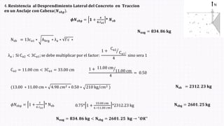 4. 𝐑𝐞𝐬𝐢𝐬𝐭𝐞𝐧𝐜𝐢𝐚 𝐚𝐥 𝐃𝐞𝐬𝐩𝐫𝐞𝐧𝐝𝐢𝐦𝐢𝐞𝐧𝐭𝐨 𝐋𝐚𝐭𝐞𝐫𝐚𝐥 𝐝𝐞𝐥 𝐂𝐨𝐧𝐜𝐫𝐞𝐭𝐨 𝐞𝐧 𝐓𝐫𝐚𝐜𝐜𝐢𝐨𝐧
𝐞𝐧 𝐮𝐧 𝐀𝐧𝐜𝐥𝐚𝐣𝐞 𝐜𝐨𝐧 𝐂𝐚𝐛𝐞𝐳𝐚(𝑵𝒔𝒃𝒈ሻ.
Nsb = 13ca1 ∗ Abrg ∗ λa ∗ f´c ∗
𝜙𝑁𝑠𝑏𝑔 = 1 +
𝑠
6 𝑐𝑎1
* Nsb
λa ; Si Ca2 < 3Ca1; se debe multiplicar por el factor:
1 + ൗ
Ca2
Ca1;
4
sino sera 1
Ca2 = 11.00 cm < 3Ca1 = 33.00 cm 1 + ൗ
11.00 cm
11.00 cm
4
= 0.50
(13.00 ∗ 11.00 cm ∗ 4.98 𝑐𝑚2 ∗ 0.50 ∗ 210 kg/𝑐𝑚2 ሻ 𝐍𝐬𝐛 = 𝟐𝟑𝟏𝟐. 𝟐𝟑 𝐤𝐠
𝐍𝐮𝐚𝐠 = 𝟖𝟑𝟒. 𝟖𝟔 𝐤𝐠
0.75* 1 +
33.00 cm
6 ∗11.00 𝑐𝑚
*2312.23 kg 𝐍𝐬𝐛𝐠 = 𝟐𝟔𝟎𝟏. 𝟐𝟓 𝐤𝐠
𝐍𝐮𝐚𝐠 = 𝟖𝟑𝟒. 𝟖𝟔 𝐤𝐠 < 𝐍𝐬𝐛𝐠 = 𝟐𝟔𝟎𝟏. 𝟐𝟓 𝐤𝐠 → "𝑶𝑲"
𝝓𝑵𝒔𝒃𝒈 = 𝟏 +
𝒔
𝟔 𝒄𝒂𝟏
* 𝑵𝒔𝒃
 