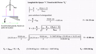 𝐋𝐨𝐧𝐠𝐢𝐭𝐮𝐝 𝐝𝐞 𝐀𝐩𝐨𝐲𝐨 "Y", 𝐓𝐞𝐧𝐬𝐢ó𝐧 𝐝𝐞𝐥 𝐏𝐞𝐫𝐧𝐨 "𝐓𝐮"
൥𝑓 +
𝑁
2
2
≥
ሻ
2𝑃𝑢(𝑒 + 𝑓
𝑞𝑚𝑎𝑥
para satisfacer la desigualdad:
𝐟 =
𝐍
𝟐
− 𝐋𝐞𝐡
44.66 cm
2
− 6.00 cm 𝐟 = 𝟏𝟔. 𝟑𝟑 𝐜𝐦
𝐘 = (𝐟 +
𝐍
𝟐
ሻ − (𝐟 +
𝐍
𝟐
ሻ𝟐−
ሻ
𝟐 𝐏𝐮(𝐞 + 𝐟
𝐪𝐦𝐚𝐱
(16.33 cm +
44.66 cm
2
ሻ − (16.33 cm +
44.66 cm
2
ሻ2−
ሻ
2∗ 3687.00 kg ∗ (31.00 cm + 16.33 cm
5138.48 kg
𝐘 = 𝟎. 𝟖𝟖 𝐜𝐦
𝐓𝐮 = (𝐪𝐦𝐚𝐱 ∗ 𝐘ሻ − 𝐏𝐮 (5138.48 kg/cm ∗ 0.88 cmሻ − 3687.00 kg 𝐓𝐮 = 𝟖𝟑𝟒. 𝟖𝟔 𝐤𝐠
 