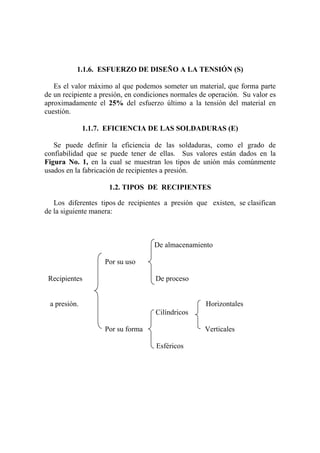 1.1.6. ESFUERZO DE DISEÑO A LA TENSIÓN (S)
Es el valor máximo al que podemos someter un material, que forma parte
de un recipiente a presión, en condiciones normales de operación. Su valor es
aproximadamente el 25% del esfuerzo último a la tensión del material en
cuestión.
1.1.7. EFICIENCIA DE LAS SOLDADURAS (E)
Se puede definir la eficiencia de las soldaduras, como el grado de
confiabilidad que se puede tener de ellas. Sus valores están dados en la
Figura No. 1, en la cual se muestran los tipos de unión más comúnmente
usados en la fabricación de recipientes a presión.
1.2. TIPOS DE RECIPIENTES
Los diferentes tipos de recipientes a presión que existen, se clasifican
de la siguiente manera:
De almacenamiento
Por su uso
Recipientes De proceso
a presión. Horizontales
Cilíndricos
Por su forma Verticales
Esféricos
 