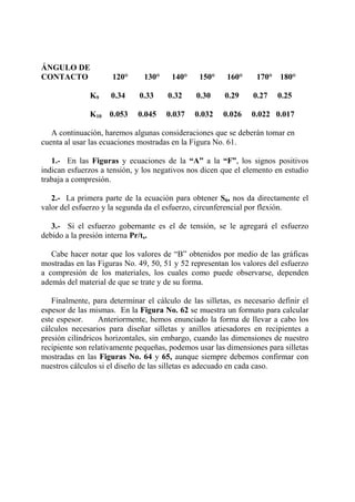 ÁNGULO DE
CONTACTO 120° 130° 140° 150° 160° 170° 180°
K9 0.34 0.33 0.32 0.30 0.29 0.27 0.25
K10 0.053 0.045 0.037 0.032 0.026 0.022 0.017
A continuación, haremos algunas consideraciones que se deberán tomar en
cuenta al usar las ecuaciones mostradas en la Figura No. 61.
1.- En las Figuras y ecuaciones de la “A” a la “F”, los signos positivos
indican esfuerzos a tensión, y los negativos nos dicen que el elemento en estudio
trabaja a compresión.
2.- La primera parte de la ecuación para obtener S6, nos da directamente el
valor del esfuerzo y la segunda da el esfuerzo, circunferencial por flexión.
3.- Si el esfuerzo gobernante es el de tensión, se le agregará el esfuerzo
debido a la presión interna Pr/ts.
Cabe hacer notar que los valores de “B” obtenidos por medio de las gráficas
mostradas en las Figuras No. 49, 50, 51 y 52 representan los valores del esfuerzo
a compresión de los materiales, los cuales como puede observarse, dependen
además del material de que se trate y de su forma.
Finalmente, para determinar el cálculo de las silletas, es necesario definir el
espesor de las mismas. En la Figura No. 62 se muestra un formato para calcular
este espesor. Anteriormente, hemos enunciado la forma de llevar a cabo los
cálculos necesarios para diseñar silletas y anillos atiesadores en recipientes a
presión cilíndricos horizontales, sin embargo, cuando las dimensiones de nuestro
recipiente son relativamente pequeñas, podemos usar las dimensiones para silletas
mostradas en las Figuras No. 64 y 65, aunque siempre debemos confirmar con
nuestros cálculos si el diseño de las silletas es adecuado en cada caso.
 