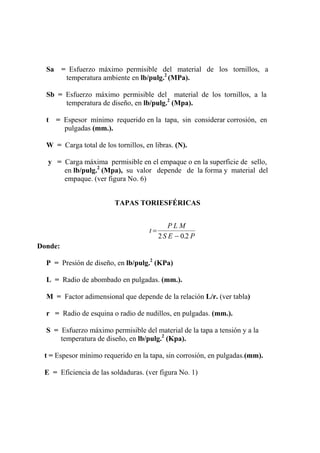 Sa = Esfuerzo máximo permisible del material de los tornillos, a
temperatura ambiente en lb/pulg.2
(MPa).
Sb = Esfuerzo máximo permisible del material de los tornillos, a la
temperatura de diseño, en lb/pulg.2
(Mpa).
t = Espesor mínimo requerido en la tapa, sin considerar corrosión, en
pulgadas (mm.).
W = Carga total de los tornillos, en libras. (N).
y = Carga máxima permisible en el empaque o en la superficie de sello,
en lb/pulg.2
(Mpa), su valor depende de la forma y material del
empaque. (ver figura No. 6)
TAPAS TORIESFÉRICAS
t
P L M
S E P
=
−2 0 2.
Donde:
P = Presión de diseño, en lb/pulg.2
(KPa)
L = Radio de abombado en pulgadas. (mm.).
M = Factor adimensional que depende de la relación L/r. (ver tabla)
r = Radio de esquina o radio de nudillos, en pulgadas. (mm.).
S = Esfuerzo máximo permisible del material de la tapa a tensión y a la
temperatura de diseño, en lb/pulg.2
(Kpa).
t = Espesor mínimo requerido en la tapa, sin corrosión, en pulgadas.(mm).
E = Eficiencia de las soldaduras. (ver figura No. 1)
 