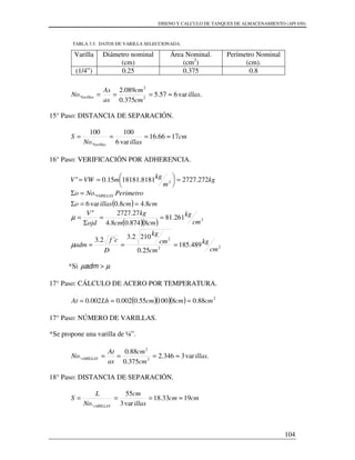 DISENO Y CALCULO DE TANQUES DE ALMACENAMIENTO (API 650)
104
TABLA 3.5. DATOS DE VARILLA SELECCIONADA.
.var657.5
375.0
089.2
. 2
2
illas
cm
cm
as
As
No Varillas ≈===
15° Paso: DISTANCIA DE SEPARACIÓN.
cm
illasNo
S
Varillas
1766.16
var6
100
.
100
≈===
16° Paso: VERIFICACIÓN POR ADHERENCIA.
kg
m
kgmVWV 272.27278181.1818115.0" 2 =



==
( ) cmcmillaso
PerimetroNoo VARILLAS
8.48.0var6
.
==Σ
=Σ
( )( ) 2261.81
8874.08.4
27.2727"
cm
kg
cmcm
kg
ojd
V
==
Σ
=µ
22
2
489.185
25.0
2102.3´2.3
cm
kg
cm
cm
kg
D
cf
adm ===µ
*Si µµ >adm
17° Paso: CÁLCULO DE ACERO POR TEMPERATURA.
( )( )( ) 2
88.0810055.0002.0002.0 cmcmcmLhAt ===
17° Paso: NÚMERO DE VARILLAS.
*Se propone una varilla de ¼”.
.var3346.2
375.0
88.0
. 2
2
illas
cm
cm
as
At
No vARILLAS ≈===
18° Paso: DISTANCIA DE SEPARACIÓN.
cmcm
illas
cm
No
L
S
vARILLAS
1933.18
var3
55
.
≈===
Varilla Diámetro nominal
(cm)
Área Nominal.
(cm2
)
Perímetro Nominal
(cm).
(1/4”) 0.25 0.375 0.8
 