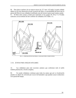 DISENO Y CALCULO DE TANQUES DE ALMACENAMIENTO (API 650)
20
B) Para placas anulares de un espesor mayor de 12.7 mm. (1/2 pulg), la junta soldada
deberá ser de una dimensión tal que la pierna del filete o la profundidad del bisel más la
pierna del filete de una soldadura combinada sean del mismo espesor que la placa anular.
C) El filete entre cuerpo y fondo para materiales en los grupos IV, IVA, V ó VI debe
realizarse con un mínimo de dos cordones de soldadura (Ver Tabla 1.1).
FIG. 1.4. PREPARACIÓN DE MATERIAL A SOLDAR ENTRE CUERPO-FONDO.
1.5.6. JUNTAS PARA ANILLOS ANULARES.
A) Las soldaduras para unir secciones anulares que conformen todo el anillo
tendrán penetración y fusión completa.
B) Se usarán soldaduras continuas para todas las juntas que por su localización
puedan ser objeto de corrosión por exceso de humedad o que puedan causar oxidaciones
en la pared del tanque.
 