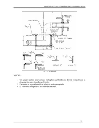 DISENO Y CALCULO DE TANQUES DE ALMACENAMIENTO (API 650)
43
FIG. 1.14. SUMIDERO.
NOTAS:
1. Un agujero deberá estar cortado en la placa del fondo que deberá coincidir con la
cimentación antes de colocar el fondo.
2. Puesto en su lugar el sumidero, el suelo será compactado.
3. El sumidero siempre esta instalado en el fondo.
 