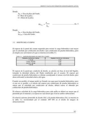 DISENO Y CALCULO DE TANQUES DE ALMACENAMIENTO (API 650)
63
Donde:
APL = Área de placa del fondo.
b = Base de la palca.
h = Altura de la palca.
..................................................Ec. 3
Donde:
APL = Área de placa del fondo.
AFondo = Área del fondo.
3.3. DISEÑO DEL CUERPO.
El espesor de la pared del cuerpo requerido para resistir la carga hidrostática será mayor
que el calculado por condiciones de diseño o por condiciones de prueba hidrostática, pero
en ningún caso será menor a lo que se muestra en la tabla 3.1.
TABLA 3.1. ESPESOR REQUERIDO DE PARED DEL CUERPO.
El espesor de la pared por condición de diseño, se calcula con base al nivel del líquido,
tomando la densidad relativa del fluido establecido por el usuario. El espesor por
condiciones de prueba hidrostática se obtiene considerando el mismo nivel de diseño, pero
ahora utilizando la densidad relativa del agua.
Cuando sea posible, el tanque podrá ser llenado con agua para la prueba hidrostática, pero
si esto no es posible y el cálculo del espesor por condiciones de prueba hidrostática es
mayor que el calculado por condiciones de diseño, deberá usarse el obtenido por
condiciones de prueba hidrostática.
El esfuerzo calculado de la carga hidrostática para cada anillo no deberá ser mayor que el
permitido por el material y su espesor no será menor que el de los anillos subsecuentes.
El esfuerzo máximo permisible de diseño (Sd) y de prueba hidrostática (St), se muestra en
la tabla 3.2, recomendado por el estándar API 650 en el diseño de tanques de
almacenamiento.
PL
fondo
sPL
A
A
No =´
 