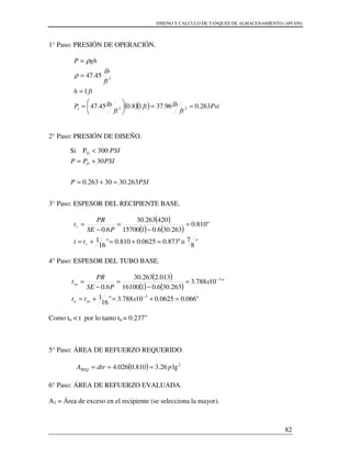 DISENO Y CALCULO DE TANQUES DE ALMACENAMIENTO (API 650)
82
1° Paso: PRESIÓN DE OPERACIÓN.
( )( ) Psi
ft
lbft
ft
lbP
fth
ft
lb
ghP
263.096.3718.045.47
1
45.47
231
3
==





=
=
=
=
ρ
ρ
2° Paso: PRESIÓN DE DISEÑO.
3° Paso: ESPESOR DEL RECIPIENTE BASE.
( )
( ) ( )
"
8
7"873.00625.0810.0"
16
1
"810.0
263.306.0115700
420263.30
6.0
≅=+=+=
=
−
=
−
=
r
r
tt
PSE
PR
t
4° Paso: ESPESOR DEL TUBO BASE.
( )
( ) ( )
"066.00625.010788.3"
16
1
"10788.3
263.306.0116100
013.2263.30
6.0
3
3
=+=+=
=
−
=
−
=
−
−
xtt
x
PSE
PR
t
rnn
rn
Como tn < t por lo tanto tn = 0.237”
5° Paso: ÁREA DE REFUERZO REQUERIDO.
( ) 2
lg26.3810.0026.4 pdtrAREQ ===
6° Paso: ÁREA DE REFUERZO EVALUADA.
A1 = Área de exceso en el recipiente (se selecciona la mayor).
PSIP
PSIPP
PSI
O
263.3030263.0
30
300PSi O
=+=
+=
<
 