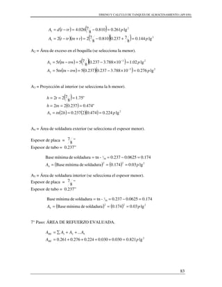 DISENO Y CALCULO DE TANQUES DE ALMACENAMIENTO (API 650)
83
( ) ( )
( )( ) ( )( ) 2
1
2
1
lg144.0
8
7237.0810.0
8
722
lg261.0810.0
8
7026.4
pttntrtA
ptrtdA
=+−=+−=
=−=−=
A2 = Área de exceso en el boquilla (se selecciona la menor).
( ) ( )( )
( ) ( )( ) 23
2
23
2
lg276.010788.3237.0237.055
lg02.110788.3237.0
8
755
ptrntntnA
ptrntntA
=×−=−=
=×−=−=
−
−
A3 = Proyección al interior (se selecciona la h menor).
( )
( )
( ) ( )( ) 2
3 lg224.0474.02237.02
"474.0237.022
"75.1
8
722
phtnA
tnh
th
===
===
===
A4 = Área de soldadura exterior (se selecciona el espesor menor).
Espesor de placa =
8
7 ”
Espesor de tubo = 0.237”
( ) ( ) 222
4
16
1
lg03.0174.0soldadurademínimaBase
174.00625.0237.0-tnsoldadurademínimaBase
pA ===
=−==
A5 = Área de soldadura interior (se selecciona el espesor menor).
Espesor de placa =
8
7 ”
Espesor de tubo = 0.237”
( ) ( ) 222
5
16
1
lg03.0174.0soldadurademínimaBase
174.00625.0237.0-tnsoldadurademínimaBase
pA ===
=−==
7° Paso: ÁREA DE REFUERZO EVALUADA.
2
521
lg821.0030.0030.0224.0276.0261.0
...
pA
AAAA
RE
RE
=++++=
++∑=
 