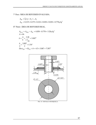 DISENO Y CALCULO DE TANQUES DE ALMACENAMIENTO (API 650)
87
7° Paso: ÁREA DE REFUERZO EVALUADA.
2
521
lg778.0030.0030.0224.0275.0219.0
...
pA
AAAA
RE
RE
=++++=
++∑=
8° Paso: ÁREA DE REFUERZO REAL.
2
lg28.3778.0058.4 pAAA REREQRreal =−=−=
"587.7087.35.4
"54.1
2
087.3
2
"087.3
16
11
28.3
=+=+=
==
===
=
bDDext
b
h
A
b
bhA
EXTREF
FIG. 3.8. DETALLE DE BOQUILLA.
 