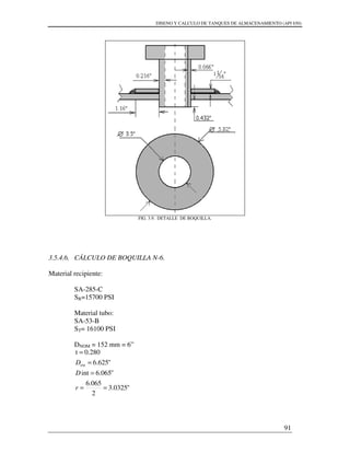 DISENO Y CALCULO DE TANQUES DE ALMACENAMIENTO (API 650)
91
FIG. 3.9. DETALLE DE BOQUILLA.
3.5.4.6. CÁLCULO DE BOQUILLA N-6.
Material recipiente:
SA-285-C
SR=15700 PSI
Material tubo:
SA-53-B
ST= 16100 PSI
DNOM = 152 mm = 6”
"0325.3
2
065.6
"065.6int
"625.6
0.280t
ext
==
=
=
=
r
D
D
 