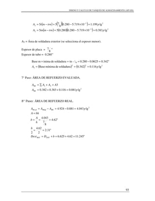DISENO Y CALCULO DE TANQUES DE ALMACENAMIENTO (API 650)
93
( ) ( )( )
( ) ( )( ) 23
2
23
2
lg383.010719.5280.0280.055
lg199.110719.5280.0
8
755
ptrntntnA
ptrntntA
=×−=−=
=×−=−=
−
−
A3 = Área de soldadura exterior (se selecciona el espesor menor).
Espesor de placa =
8
7 ”
Espesor de tubo = 0.280”
( ) ( ) 222
3
16
1
lg116.0342.0soldadurademínimaBase
"342.00625.0280.0-tnsoldaduradeinimamBase
pA ===
=−==+
7° Paso: ÁREA DE REFUERZO EVALUADA.
2
21
lg881.0116.0383.0382.0
3
pA
AAAA
RE
RE
=++=
++∑=
8° Paso: ÁREA DE REFUERZO REAL.
2
lg043.4881.0924.4 pAAA REREQRreal =−=−=
"245.1162.4625.6
"31.2
2
62.4
2
"62.4
8
7
043.4
=+=+=
==
===
=
bDDext
b
h
A
b
bhA
EXTREF
 