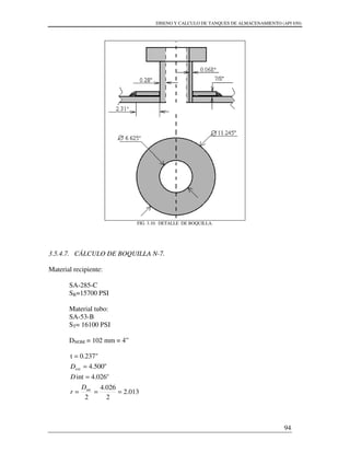 DISENO Y CALCULO DE TANQUES DE ALMACENAMIENTO (API 650)
94
FIG. 3.10. DETALLE DE BOQUILLA.
3.5.4.7. CÁLCULO DE BOQUILLA N-7.
Material recipiente:
SA-285-C
SR=15700 PSI
Material tubo:
SA-53-B
ST= 16100 PSI
DNOM = 102 mm = 4”
013.2
2
026.4
2
"026.4int
"500.4
0.237"t
int
ext
===
=
=
=
D
r
D
D
 