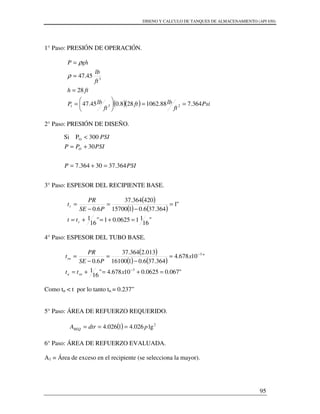 DISENO Y CALCULO DE TANQUES DE ALMACENAMIENTO (API 650)
95
1° Paso: PRESIÓN DE OPERACIÓN.
( )( ) Psi
ft
lbft
ft
lbP
fth
ft
lb
ghP
364.788.1062288.045.47
28
45.47
231
3
==





=
=
=
=
ρ
ρ
2° Paso: PRESIÓN DE DISEÑO.
3° Paso: ESPESOR DEL RECIPIENTE BASE.
( )
( ) ( )
"
16
110625.01"
16
1
"1
364.376.0115700
420364.37
6.0
=+=+=
=
−
=
−
=
r
r
tt
PSE
PR
t
4° Paso: ESPESOR DEL TUBO BASE.
( )
( ) ( )
"067.00625.010678.4"
16
1
"10678.4
364.376.0116100
013.2364.37
6.0
3
3
=+=+=
=
−
=
−
=
−
−
xtt
x
PSE
PR
t
rnn
rn
Como tn < t por lo tanto tn = 0.237”
5° Paso: ÁREA DE REFUERZO REQUERIDO.
( ) 2
lg026.41026.4 pdtrAREQ ===
6° Paso: ÁREA DE REFUERZO EVALUADA.
A1 = Área de exceso en el recipiente (se selecciona la mayor).
PSIP
PSIPP
PSI
O
364.3730364.7
30
300PSi O
=+=
+=
<
 